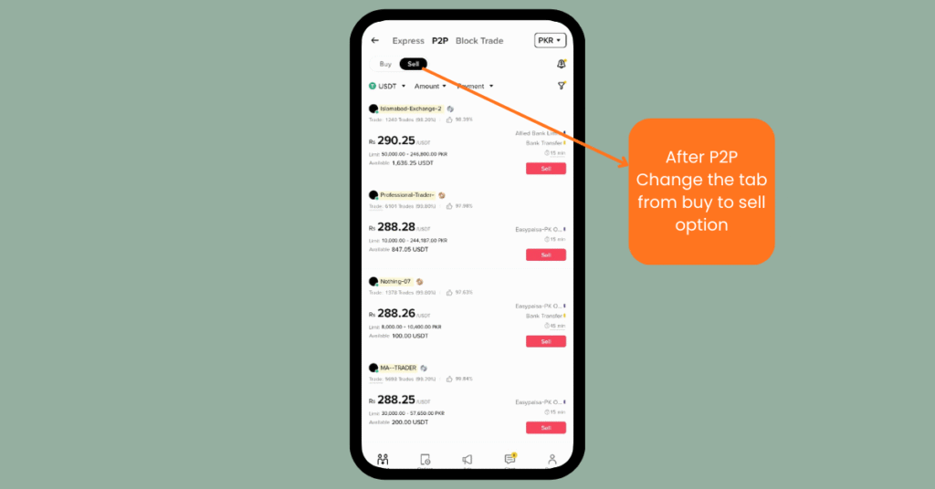P2P sell option for binance
