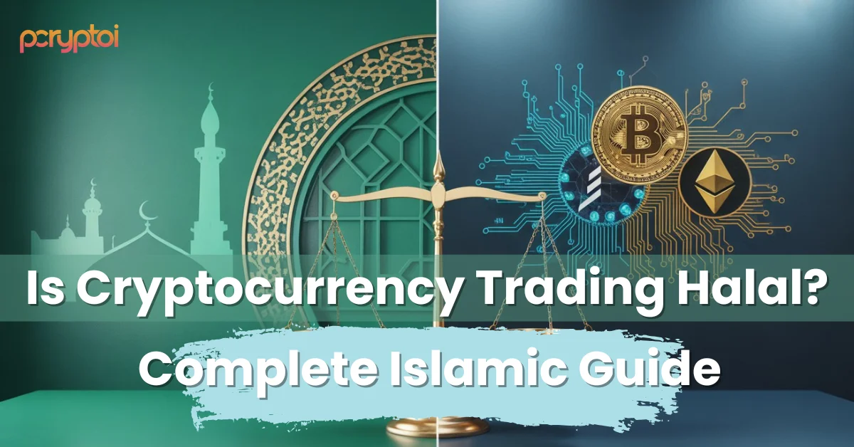 in this image there is two sides; one is showing the crypto, and the other is showing the Islamic, which basically means "Is Cryptocurrency Trading Halal?"